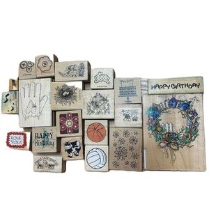 Rubber Stamp Lot Bundle Wooden Vintage Craft Card Art Birthday Basketball Cow